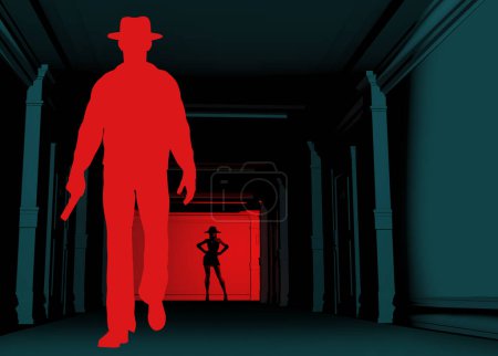 Foto de 3d renderizado ilustración de color rojo detective silueta caminando con sexy dama en oscuro pasillo fondo. - Imagen libre de derechos