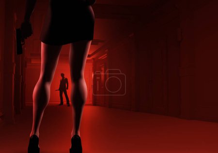 3D-Darstellung der sexy Dame in schwarzem Kleid und High Heels mit Pistole auf rotem Hotelflur-Hintergrund mit Messer-Killer-Stalker am Ende.