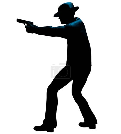 Illustration 3D isolée d'un détective masculin ou d'un mafieux avec silhouette de pistolet marchant sur fond blanc.