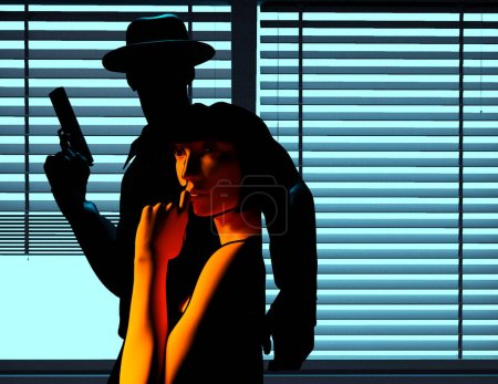 3d render illustration of male detective or mobster with gun silhouette standing with lady portrait on night window blinds background.