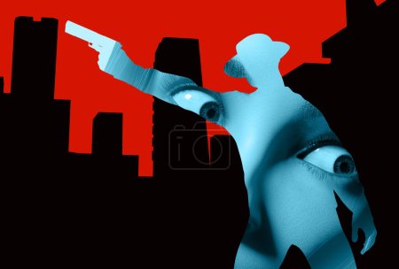 3d render noir illustration of comic style detective in hat and jacket shooting pose.on red and black cityscape with scared woman eyes background.