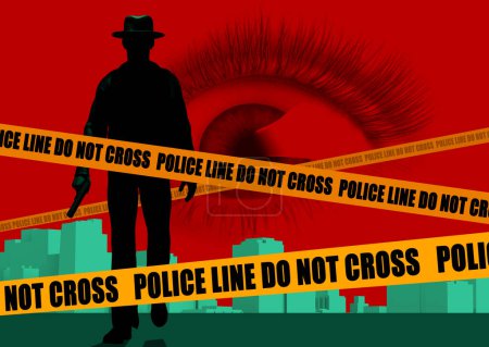 3d render illustration of male detective or mobster with gun silhouette walking on red cityscape background with scared woman eye and yellow police lines.