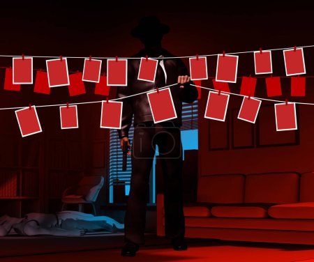 3D-Renderillustration des Detektivs mit Pistole, die leere Foto-Kleiderbügel auf dunkelrot getöntem Raumhintergrund mit blauem Fensterlicht mit Körperauflegung hält.