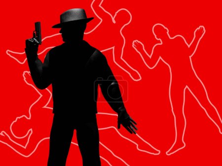 Illustration en noir de détective ombragé posant avec une arme à feu et un chapeau sur fond rouge avec des silhouettes de la ligne de crime de la victime.