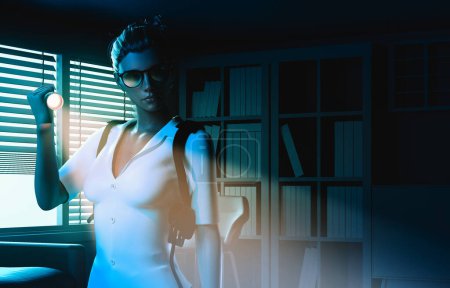 3d render noir illustration of sexy detective lady in white shirt and glasses searching with flashlight in dark night room.