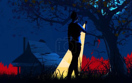 3d render thriller illustration of detective lady in white shirt and jeans walking with flashlight at night on rural countryside mansion property searching for evidence.