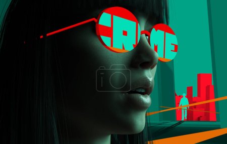 Photo for 3d render illustration of toon lady face with glasses on crime scene with walking detective on toon style cityscape background. - Royalty Free Image