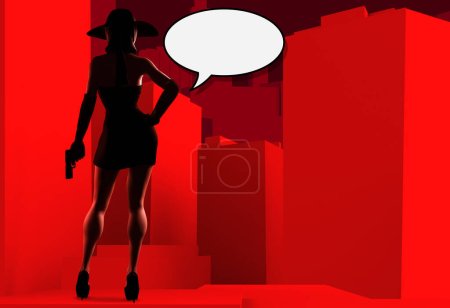 Ilustración 3d de la señora espía sexy en vestido negro y sombrero sosteniendo pistola en toon fondo de paisaje urbano de color rojo con caja de diálogo de cómic.