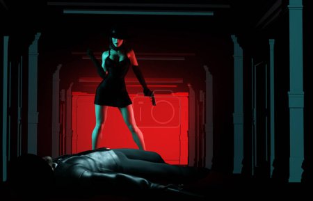 3d render noir illustration of sexy spy lady in black dress and hat holding gun and poseing on dark hallway background with killed mobster on front.