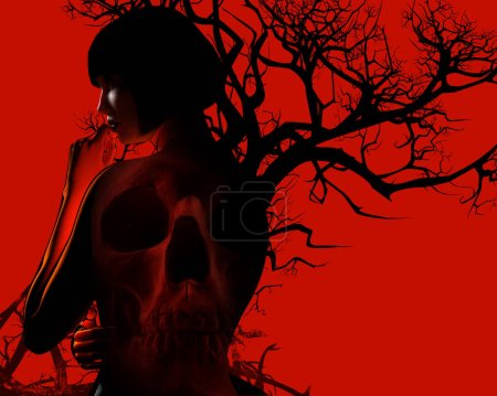 Téléchargez les photos : 3d rendre l'illustration d'horreur de dame en robe noire avec crâne et branches d'arbre sur fond de couleur rouge. - en image libre de droit