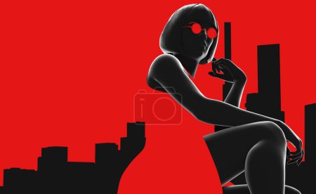 3d render noir illustration of lady in red dress and round glasses on toon red colored cityscape background.