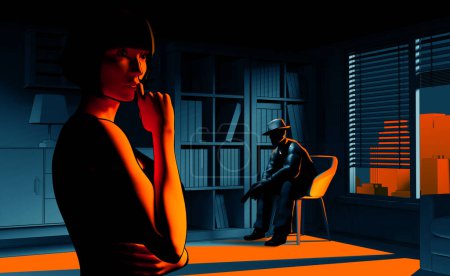 Foto de 3d renderizar negro ilustración de la misteriosa dama en vestido negro con detective en habitación oscura con luz naranja de fondo de la ventana. - Imagen libre de derechos