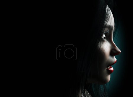 Téléchargez les photos : 3d rendre noir thriller illustration de profil effrayé visage de dame sur fond noir avec lumière bleue.. - en image libre de droit