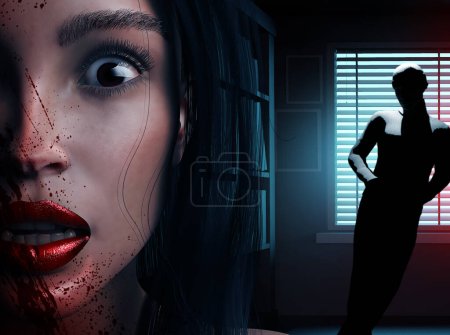 Téléchargez les photos : 3d rendre l'horreur thriller illustration de la victime effrayée visage de dame couvert de sang avec tueur harceleur mystérieux dans fond de pièce sombre. - en image libre de droit