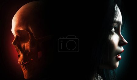 Téléchargez les photos : 3d rendre noir thriller illustration de profil effrayé visage dame avec crâne tonique rouge de l'autre côté sur fond noir avec lumière bleue.. - en image libre de droit