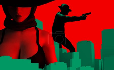 3d render illustration of sexy lady in black dress and hat portrtait with aiming mobster or detective on red background with green cityscape.