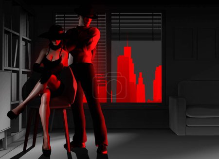 Foto de 3d representación ilustración de la misteriosa dama espía en vestido y sombrero sentado en la silla con el detective masculino en el fondo de la habitación oscura con paisaje urbano de color rojo. - Imagen libre de derechos