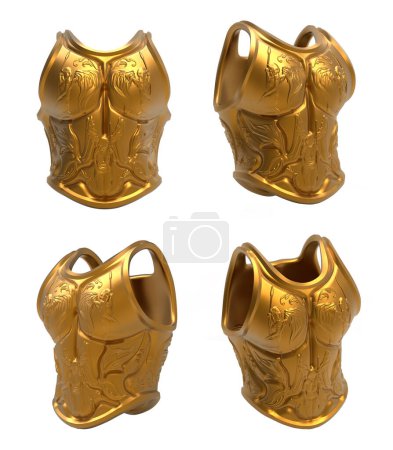 Isolated 3d render illustration of medieval spartan warrior golden armor with ornaments and angel engravings.
