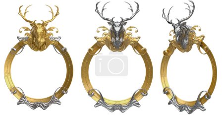 Foto de Ilustración de renderizado 3d aislado de marco dorado de estilo barroco con cabeza de ciervo plateado sobre fondo blanco. - Imagen libre de derechos