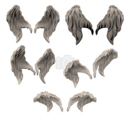 Isolated 3d render illustration of stone statue wide angel wings, in various angles.
