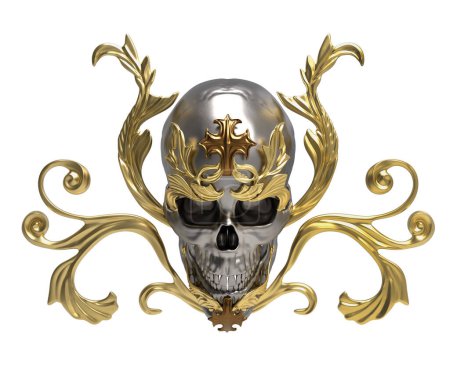 Téléchargez les photos : Illustration 3D isolée du crâne héraldique orné de fleurs gothiques argentées et dorées avec croix. - en image libre de droit