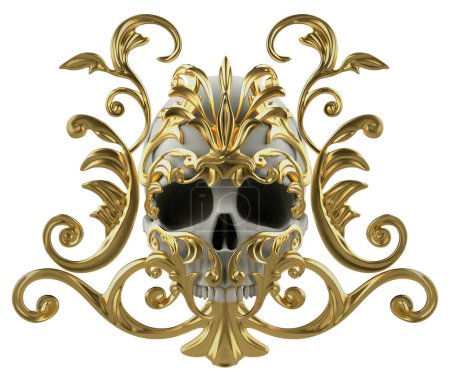Téléchargez les photos : Illustration 3D isolée du crâne baroque doré décoré de fleurs baroques. - en image libre de droit