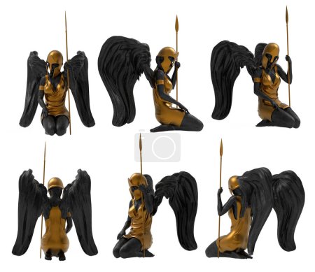 Foto de Ilustración aislada de mármol negro y estatua de ángel guardián guerrero dorado en casco sentado con pose de lanza, varios ángulos. - Imagen libre de derechos