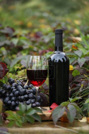 Téléchargez les photos : Verre de vin rouge sur fond en bois avec feuilles d'automne et bouteille - en image libre de droit