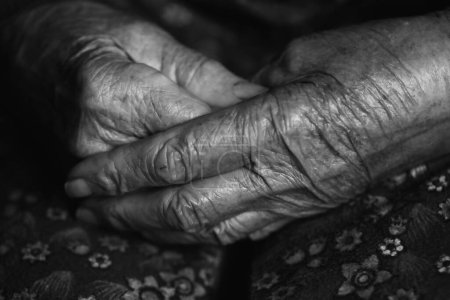 Hands of the elderly woman. Old woman hands in black and white