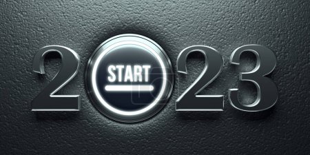 Téléchargez les photos : New year 2023 push start button. 3d rendering - en image libre de droit