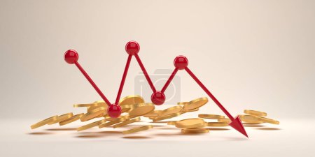 Foto de Decreasing arrow and golden coins heap. Crisis, money and loss concept. 3d rendering - Imagen libre de derechos