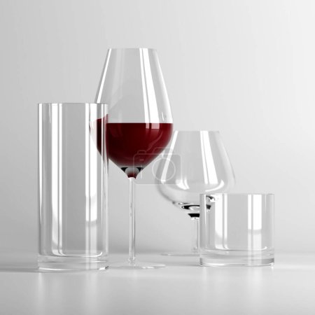 Foto de Realistic empty various wineglasses for alcohol. Drinks background. 3d rendering - Imagen libre de derechos