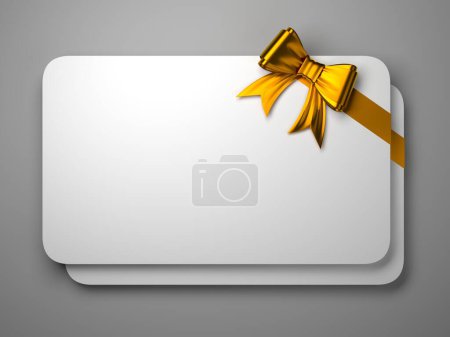 Blank white gift card with golden ribbon bow. Copyspace for text. 3d rendering