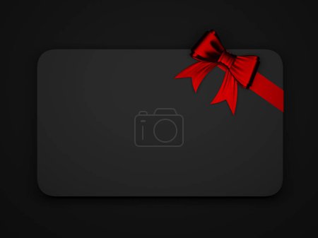 Téléchargez les photos : Blank black gift card with red ribbon bow. Copyspace for text. 3d rendering - en image libre de droit