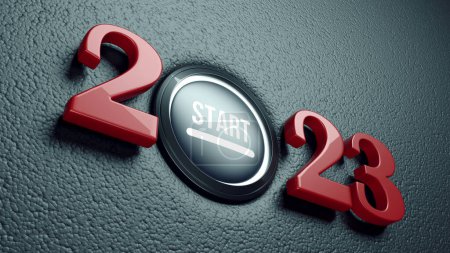 Foto de New year 2023 push start button. 3d rendering - Imagen libre de derechos