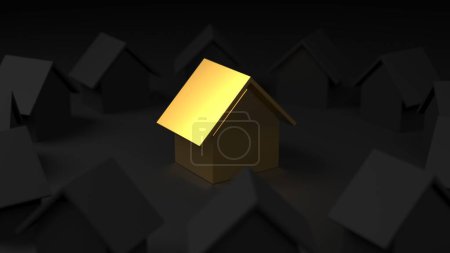 Téléchargez les photos : Golden unique house standing out. Real estate or house hunting concept. 3d rendering - en image libre de droit