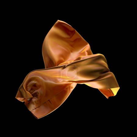 Foto de Golden wavy silk satin cloth flying. 3d rendering - Imagen libre de derechos