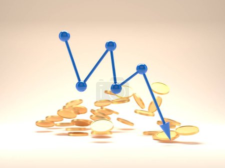 Foto de Decreasing arrow and golden coins heap. Crisis, money and loss concept. 3d rendering - Imagen libre de derechos