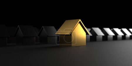 Foto de Golden unique house standing out. Real estate or house hunting concept. 3d rendering - Imagen libre de derechos