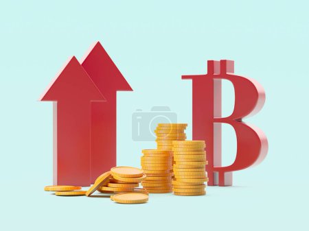 Foto de Bitcoin crypto currency and red up arrow. Prices grow up concept. 3d rendering - Imagen libre de derechos