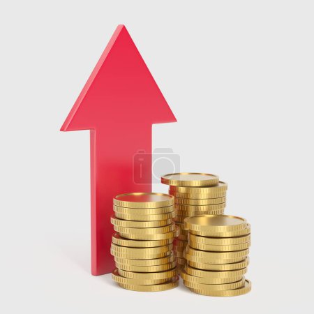 Foto de Golden coins with growing arrow up. Finance income success concept. 3d rendering - Imagen libre de derechos