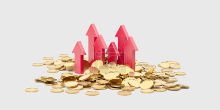 Foto de Monedas de oro con flecha creciente hacia arriba. Concepto de éxito de ingresos financieros. renderizado 3d - Imagen libre de derechos