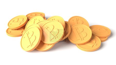 Foto de Monedas Bitcoin BTC montón. Tecnología de cadena de bloques. Concepto de negocios y finanzas. renderizado 3d - Imagen libre de derechos
