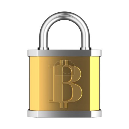 Téléchargez les photos : Padock with bitcoin. Cryptocurrency protection concept. Cryptocurrency mining, blockchain technology. 3d rendering - en image libre de droit
