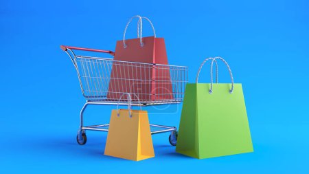 Photo for Shopping cart or trolley with paper bags. 3d rendering - Royalty Free Image