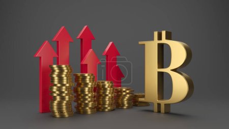 Foto de Bitcoin criptomoneda y flecha roja arriba. Los precios crecen concepto. renderizado 3d - Imagen libre de derechos