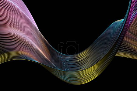 Foto de Rayas abstractas fondo ondulado. Reflexiones coloridas sobre la superficie metálica oscura. renderizado 3d - Imagen libre de derechos