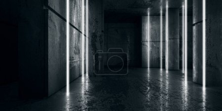 Photo for Neon Glowing Line Lights In Empty Dark Room. Concrete Grunge Garage Stage 3d Rendering - Royalty Free Image