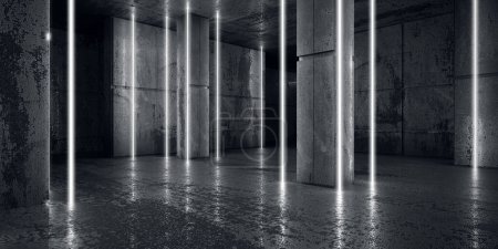 Foto de Luces de línea luminosas de neón en la habitación oscura vacía. Hormigón Grunge Garage Stage 3d Rendering - Imagen libre de derechos