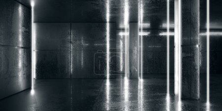Foto de Luces de línea luminosas de neón en la habitación oscura vacía. Hormigón Grunge Garage Stage 3d Rendering - Imagen libre de derechos